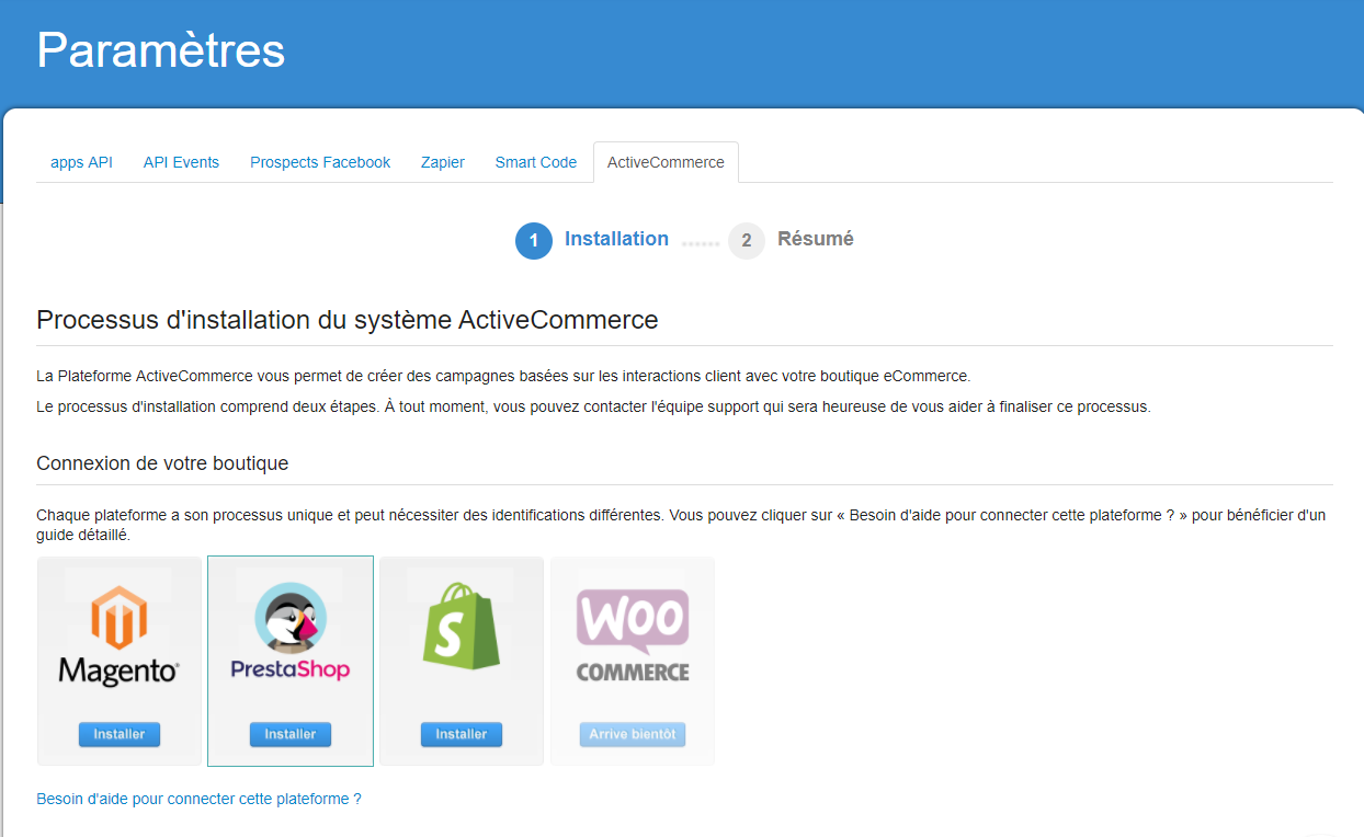 Paramètres - Sélection solution e-commerce