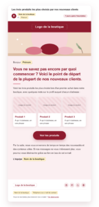 Exemple d'e-mail présentant les produits les plus choisis par les nouveaux clients